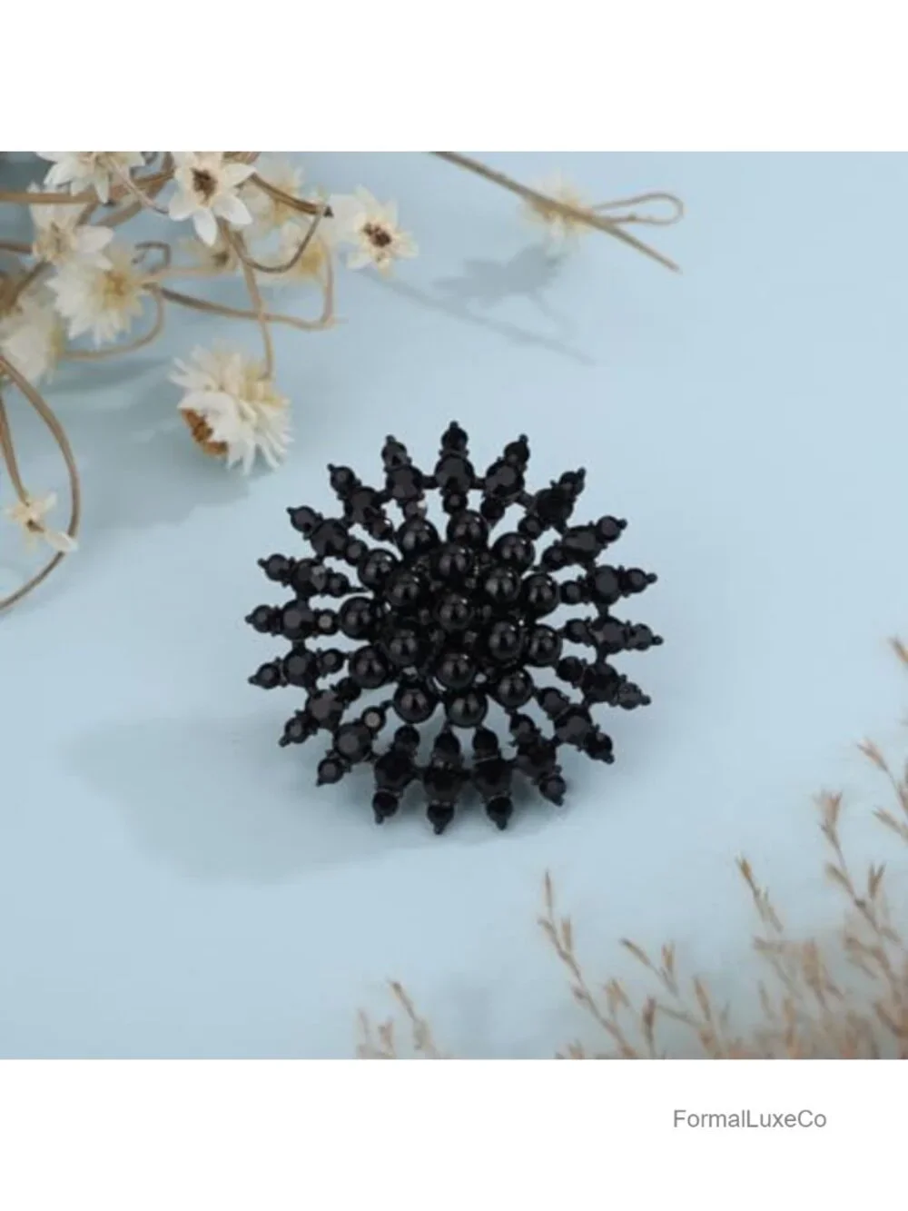 Floral Pearl Rhinestone Statement Cocktail Ring Adjustable